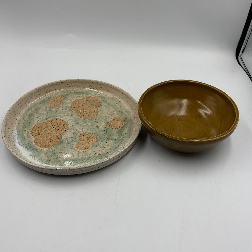 Handmade Studio Pottery Bowl & Plate Set Wheel Thrown Signed Earth Tone Glaze